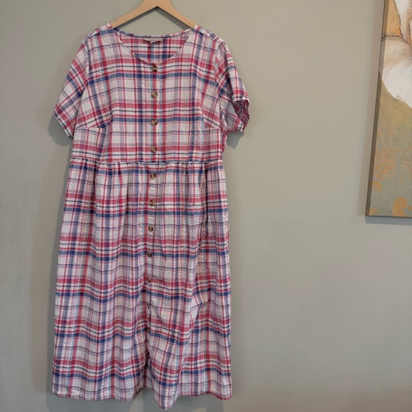 Woman Within Seersucker Midi Dress Short Sleeve Button Front Pockets Plaid 24W - Picture 1 of 6